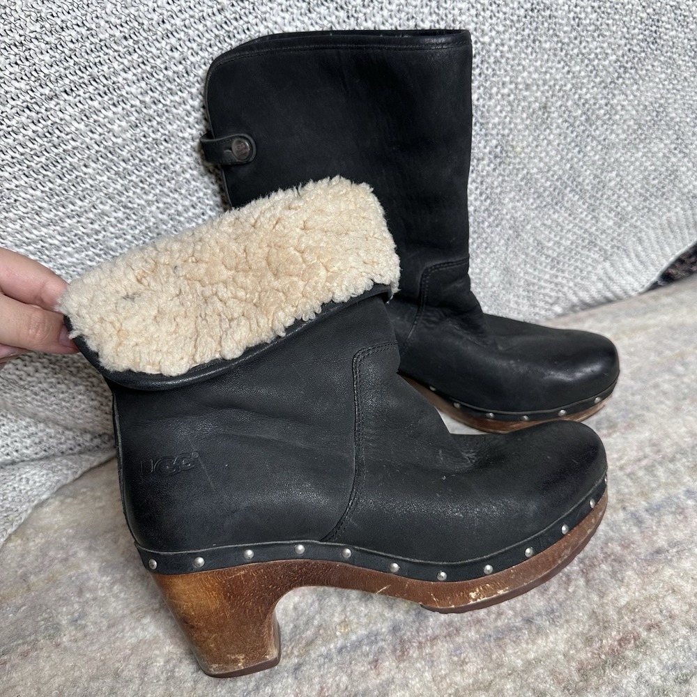 Black Leather Shearling Cuff Clog Boots - Picture 2 of 9